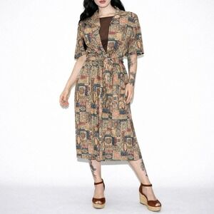90s Vintage Brown Patchwork Outfit Womens L Cropped Wrap Top & Maxi Skirt Jantze